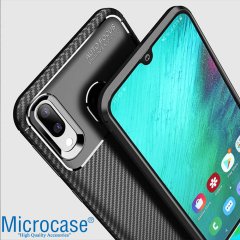Microcase Samsung Galaxy A20e Maxy Serisi Carbon Fiber Silikon Kılıf - Siyah + Tempered Glass Cam Koruma (SEÇENEKLİ)