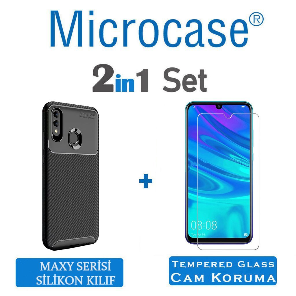 Microcase Samsung Galaxy A20e Maxy Serisi Carbon Fiber Silikon Kılıf - Siyah + Tempered Glass Cam Koruma (SEÇENEKLİ) Tempered Glass İstemiyorum