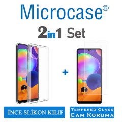 Microcase Samsung Galaxy A31 0.2 mm Ultra İnce Soft Silikon Kılıf - Şeffaf + Tempered Glass Cam Koruma