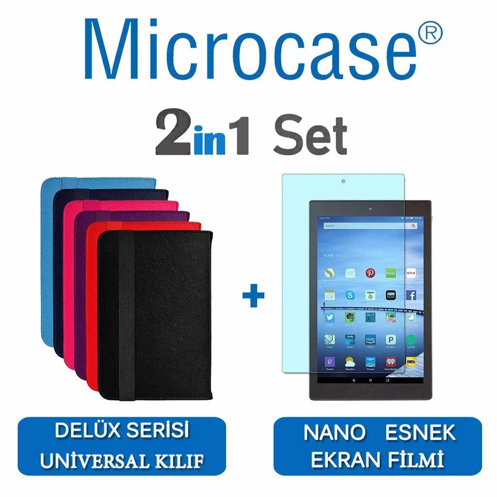 Microcase Amazon Fire HD 10 2019 Delüx Seri Universal Stand Deri Kılıf + Nano Esnek Ekran Koruma Filmi Kırmızı