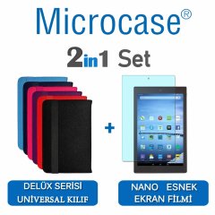 Microcase Amazon Fire HD 10 2019 Delüx Seri Universal Stand Deri Kılıf + Nano Esnek Ekran Koruma Filmi Kırmızı