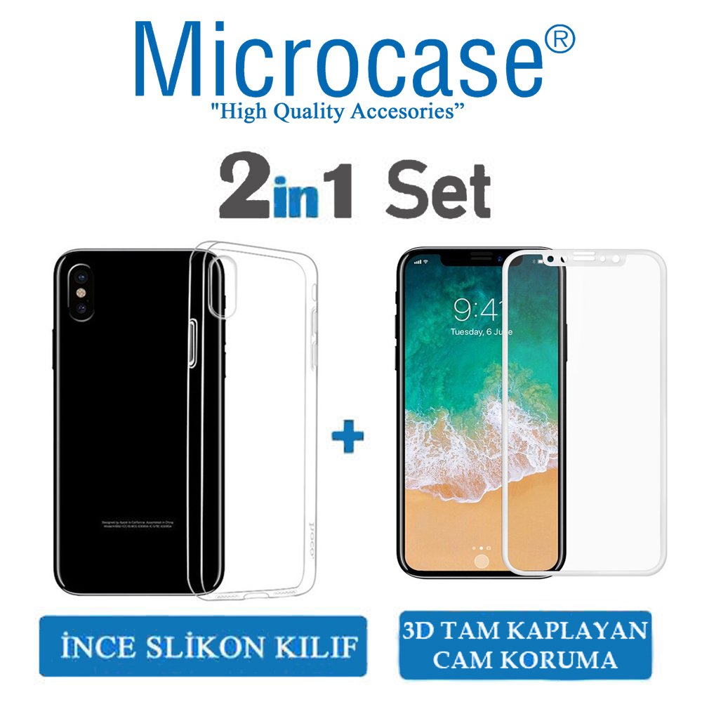 Microcase iPhone X İnce Soft Silikon Kılıf + 3D Curved Cam Beyaz