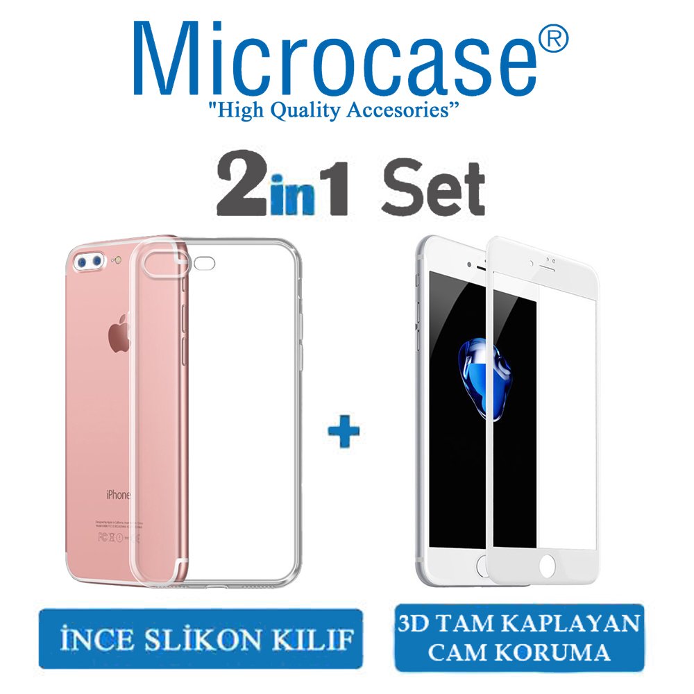 Microcase iPhone 8 Plus İnce Silikon Kılıf + 3D Curved Cam Beyaz