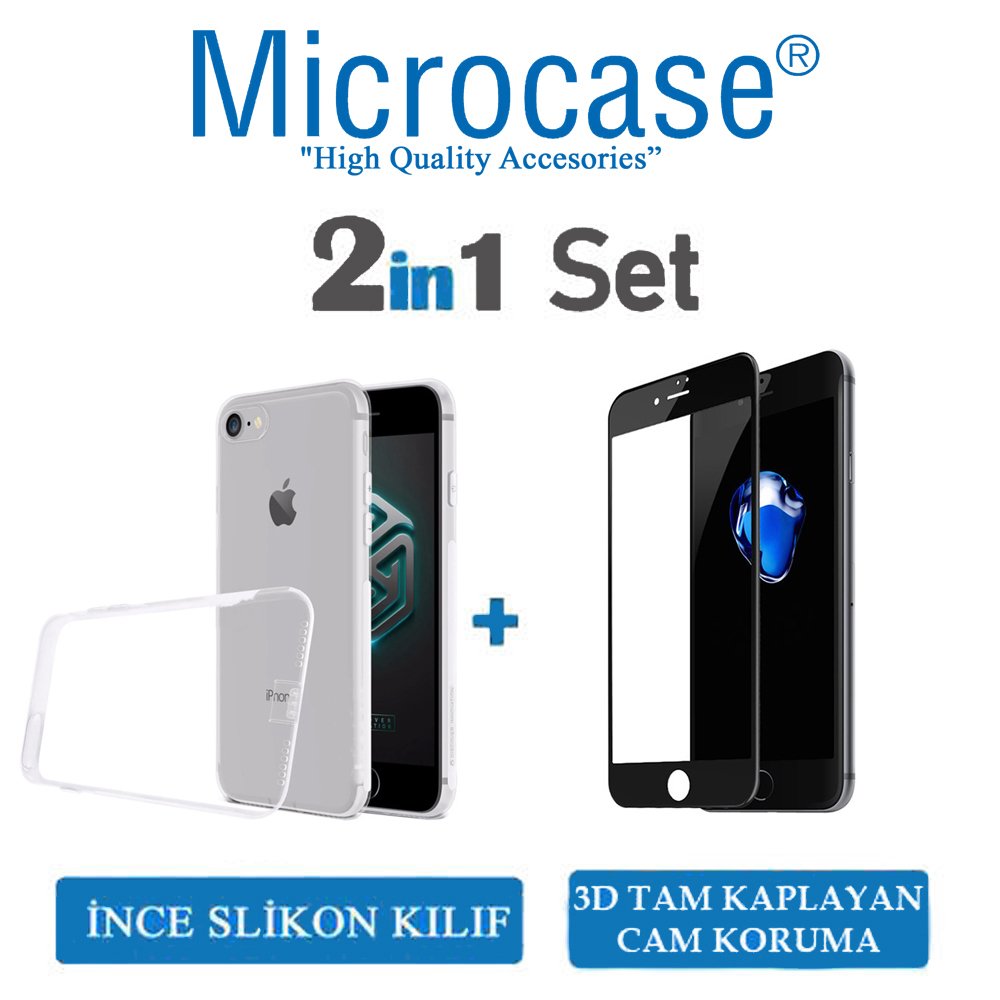 Microcase iPhone 8 İnce Soft Silikon Kılıf + 3D Curved Cam Siyah