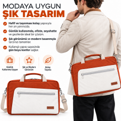 Microcase 9-14 İnç Laptop Tablet MacBook Taşıma Çantası Darbe Korumalı Omuz Askılı Çok Bölmeli Krem Kiremit AL5694