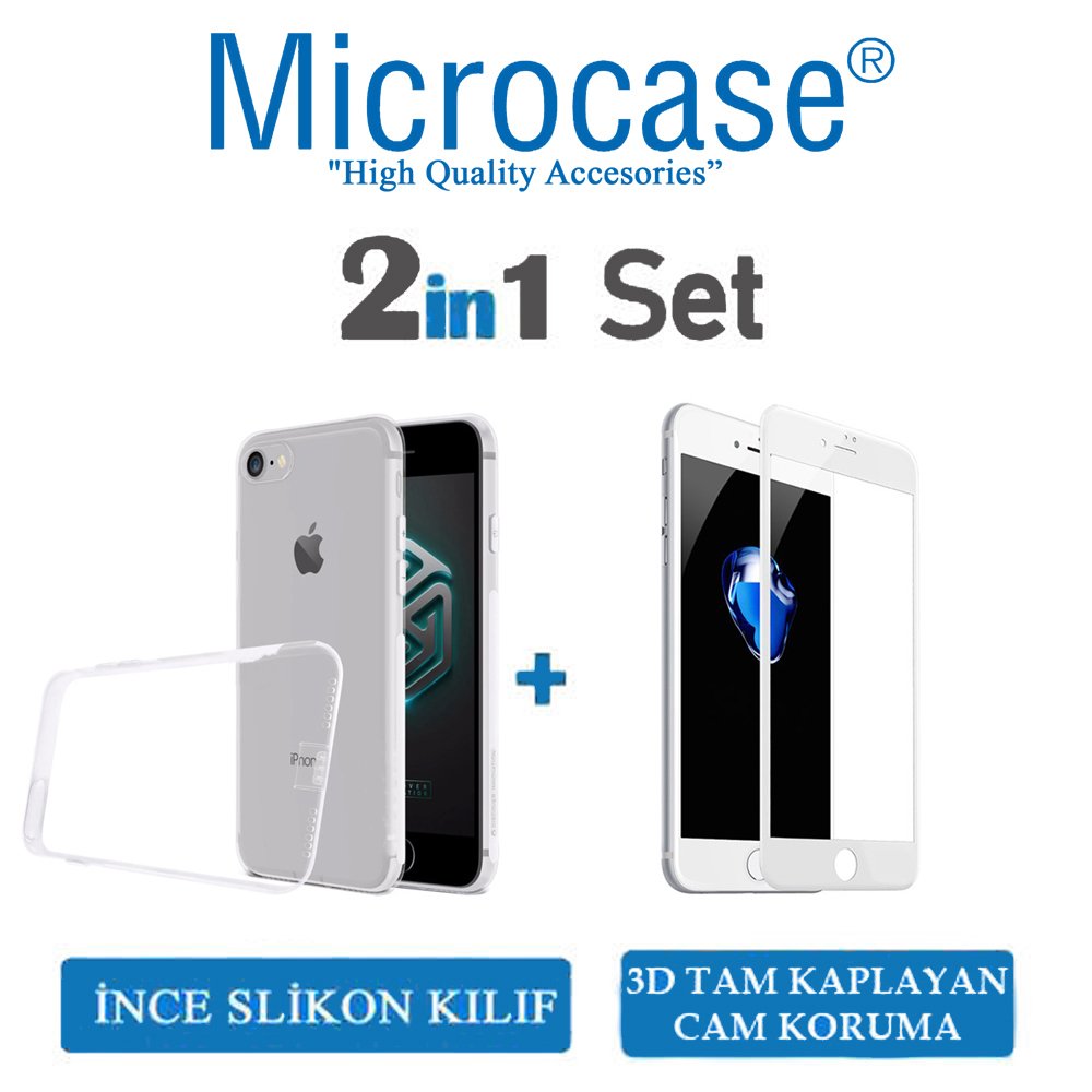 Microcase iPhone 8 İnce Soft Silikon Kılıf + 3D Curved Cam Beyaz