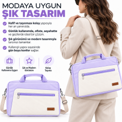 Microcase 9-14 İnç Laptop Tablet MacBook Taşıma Çantası Darbe Korumalı Omuz Askılı Çok Bölmeli Krem Lila AL5694