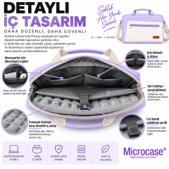 Microcase 9-14 İnç Laptop Tablet MacBook Taşıma Çantası Darbe Korumalı Omuz Askılı Çok Bölmeli Krem Lila AL5694