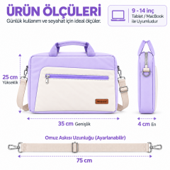 Microcase 9-14 İnç Laptop Tablet MacBook Taşıma Çantası Darbe Korumalı Omuz Askılı Çok Bölmeli Krem Lila AL5694