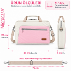 Microcase 9-14 İnç Laptop Tablet MacBook Taşıma Çantası Darbe Korumalı Omuz Askılı Çok Bölmeli Krem Pembe AL5694