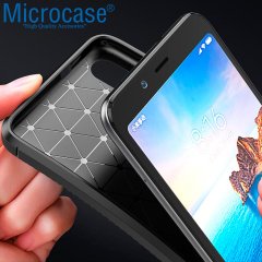 Microcase Xiaomi Redmi 7A Maxy Serisi Carbon Fiber Silikon Kılıf - Siyah + Tempered Glass Cam Koruma (SEÇENEKLİ)
