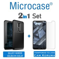 Microcase Xiaomi Redmi 7A Maxy Serisi Carbon Fiber Silikon Kılıf - Siyah + Tempered Glass Cam Koruma (SEÇENEKLİ) Tempered Glass İstemiyorum