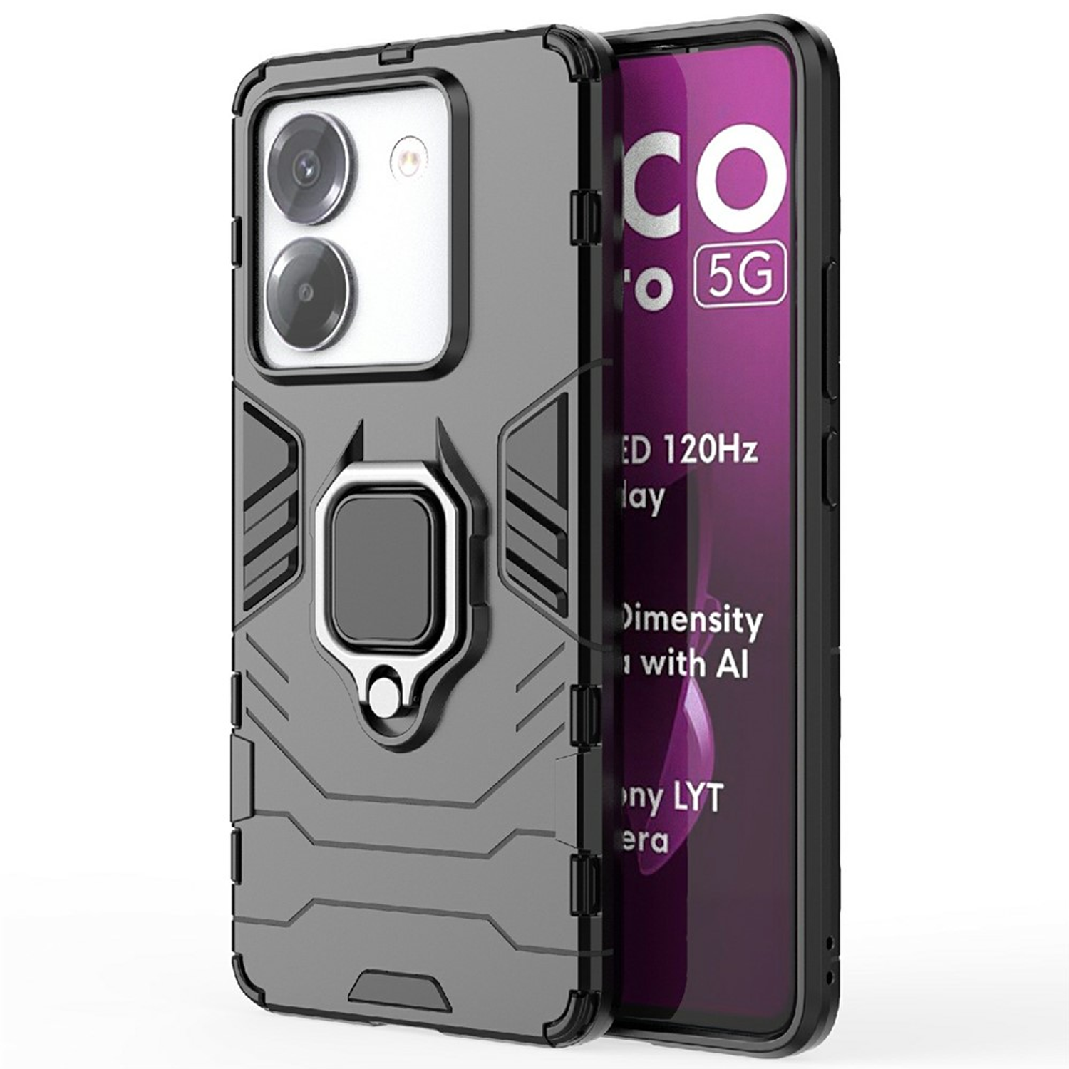 Microcase Xiaomi Redmi Poco M7 Pro 5G/Redmi Note 14 5G ile Uyumlu Batman Serisi Yüzük Standlı Armor Kılıf - Siyah AL3349
