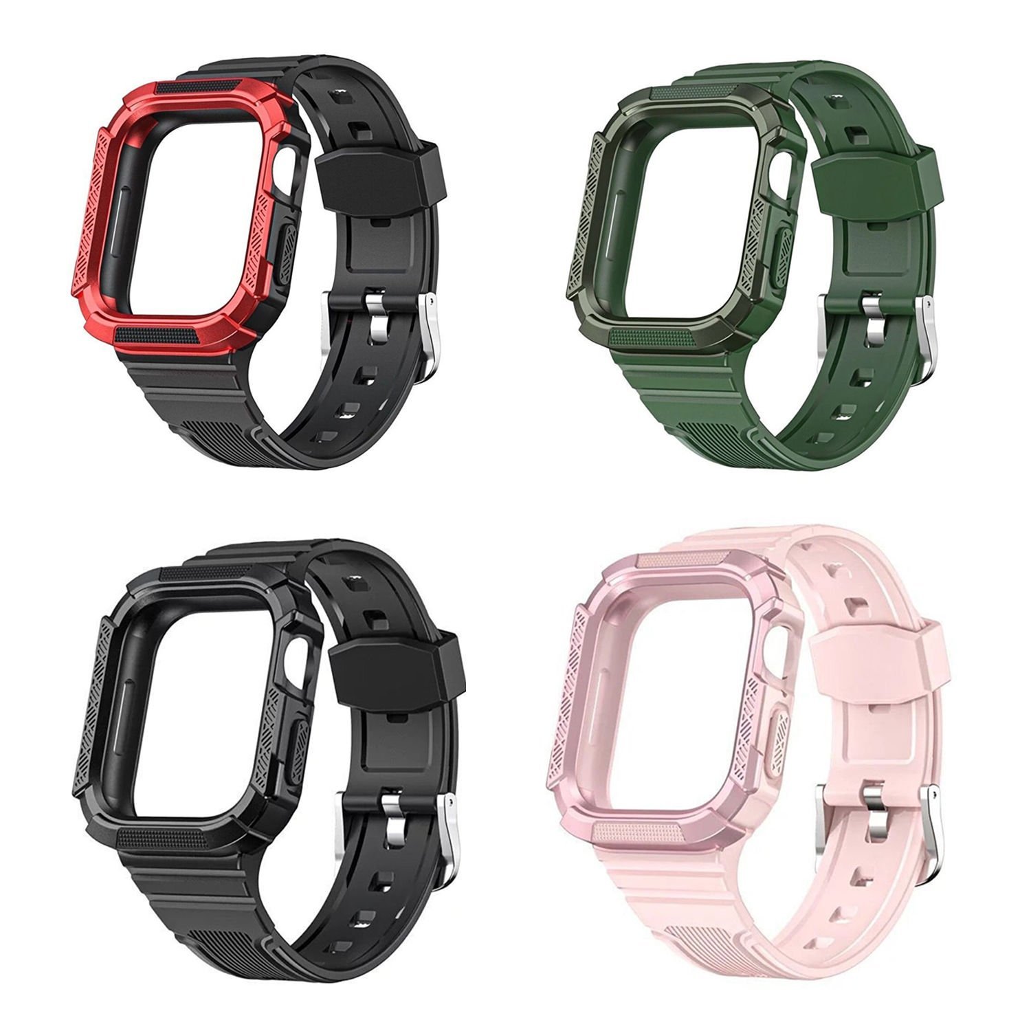Microcase Apple Watch 38 mm - 40 mm - 41 mm Uyumlu Armor Sert Kılıf Korumalı Silikon Kordon Kayış - KY21-1