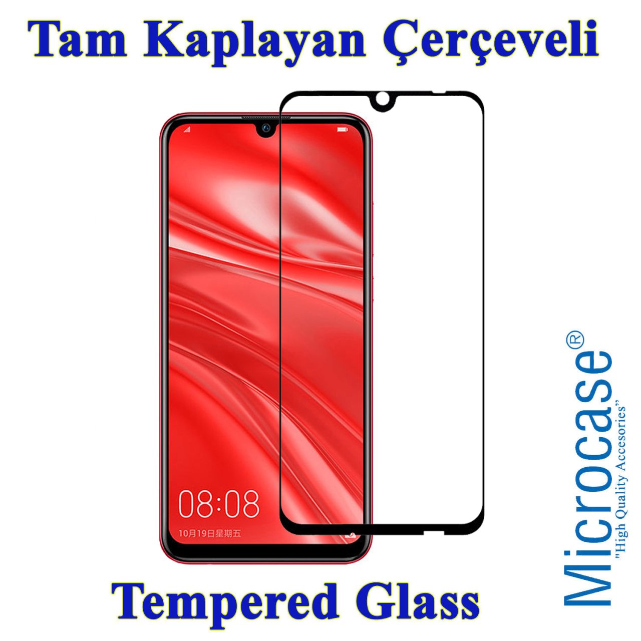 Huawei Enjoy 9S Tam Kaplayan Çerçeveli Tempered Cam - Siyah