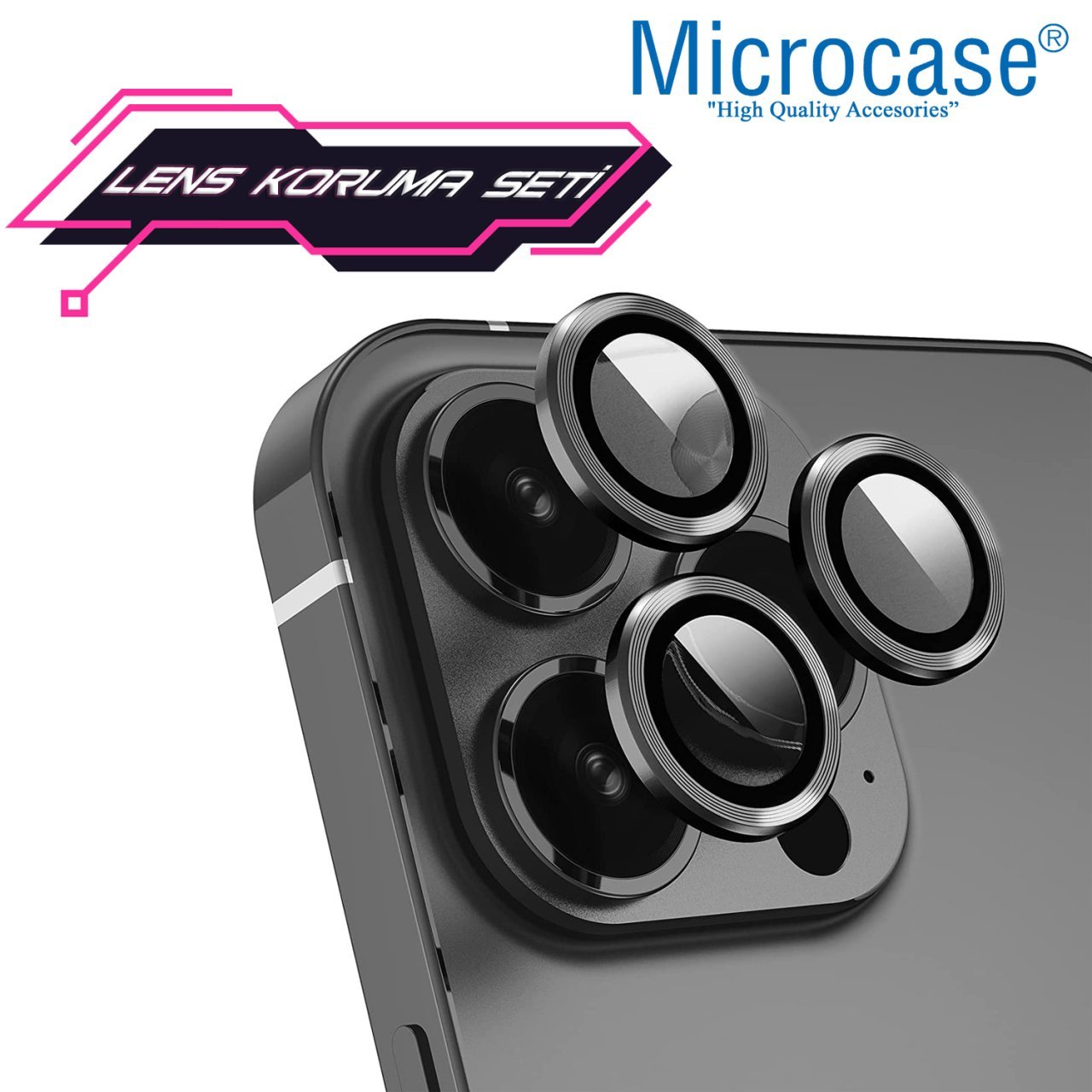 Microcase iPhone 13 Pro Kamera Camı Lens Koruyucu Halka Set - Siyah