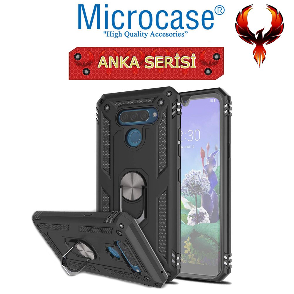 Microcase LG Q60 - LG K50 Anka Serisi Yüzük Standlı Armor Kılıf Siyah + Tempered Glass Cam Koruma (SEÇENEKLİ) Tempered Glass İstemiyorum