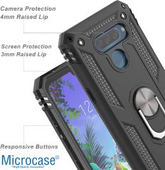 Microcase LG Q60 - LG K50 Anka Serisi Yüzük Standlı Armor Kılıf Siyah + Tempered Glass Cam Koruma (SEÇENEKLİ) Tempered Glass İstemiyorum