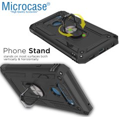 Microcase LG Q60 - LG K50 Anka Serisi Yüzük Standlı Armor Kılıf Siyah + Tempered Glass Cam Koruma (SEÇENEKLİ) Tempered Glass İstemiyorum
