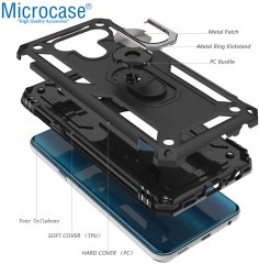 Microcase LG Q60 - LG K50 Anka Serisi Yüzük Standlı Armor Kılıf Siyah + Tempered Glass Cam Koruma (SEÇENEKLİ) Tempered Glass İstemiyorum