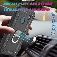 Microcase LG Q60 - LG K50 Anka Serisi Yüzük Standlı Armor Kılıf Siyah + Tempered Glass Cam Koruma (SEÇENEKLİ) Tempered Glass İstemiyorum
