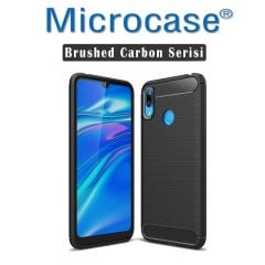 Microcase Huawei Y7 2019 Brushed Carbon Fiber Silikon TPU Kılıf - Siyah + Tempered Glass Cam