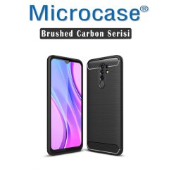 Microcase Xiaomi Redmi 9 Brushed Carbon Fiber Silikon TPU Kılıf - Siyah + Tempered Glass Cam