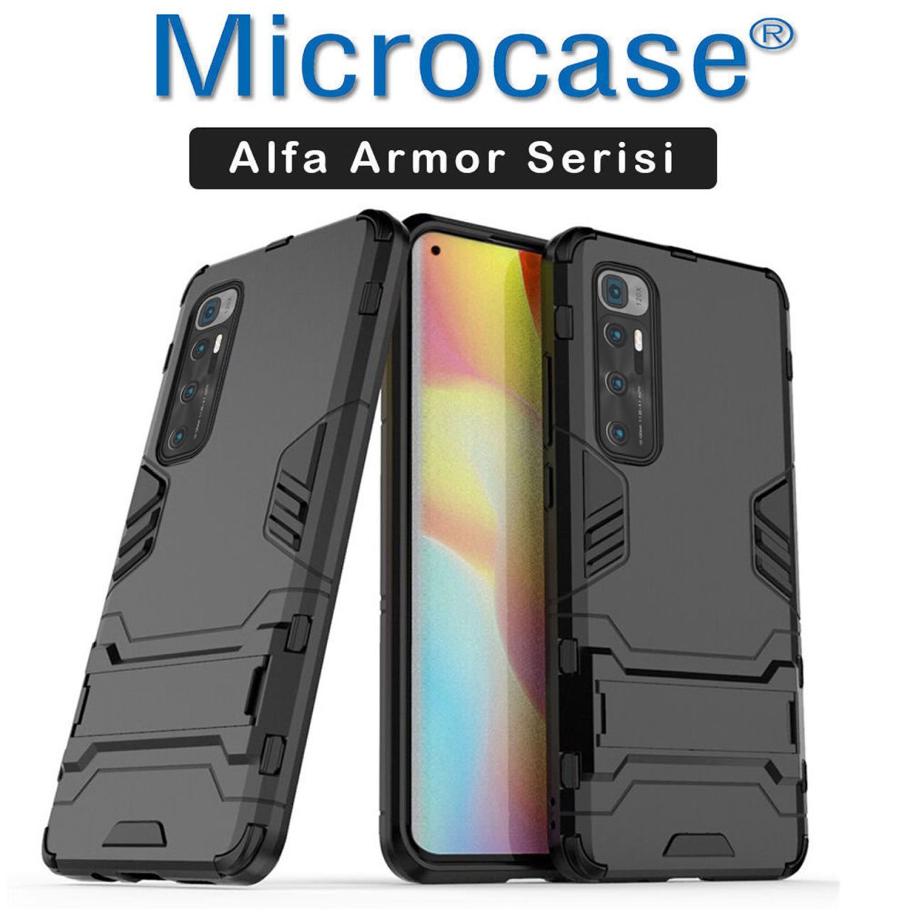 Microcase Xiaomi Mi 10S Alfa Armor Standlı Perfect Koruma Kılıf - Siyah