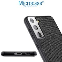 Microcase Samsung S21 FE Fabrik Serisi Kumaş ve Deri Desen Kılıf - Siyah