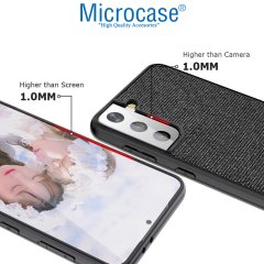 Microcase Samsung S21 FE Fabrik Serisi Kumaş ve Deri Desen Kılıf - Siyah