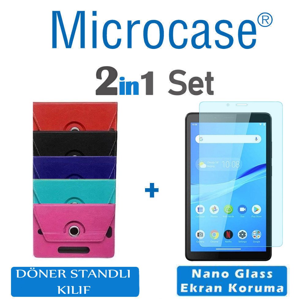 Microcase Lenovo Tab M7 TB-7305F 7 inch Tablet Universal Döner Stand Tablet Kılıfı + Nano Esnek Ekran Koruma Filmi Kırmızı