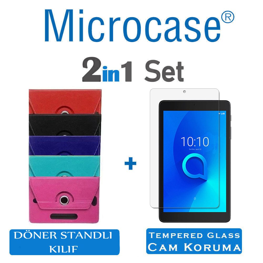 Microcase Alcatel 3T 8 inch Tablet Universal Döner Standlı Tablet Kılıfı + Tempered Glass Cam Koruma Kırmızı