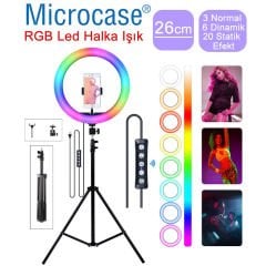 Microcase 26 cm YouTube İnstagram TikTok Selfie RGB LED Halka Işık + 2.1 mt Tripod + Bluetooth Kumanda AL2643
