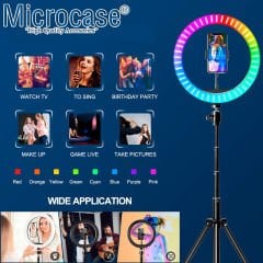 Microcase 26 cm YouTube İnstagram TikTok Selfie RGB LED Halka Işık + 2.1 mt Tripod + Bluetooth Kumanda AL2643