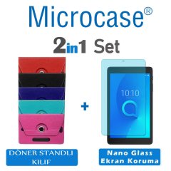 Microcase Alcatel 3T 8 inch Tablet Universal Döner Standlı Tablet Kılıfı + Nano Esnek Ekran Koruma Filmi Kırmızı